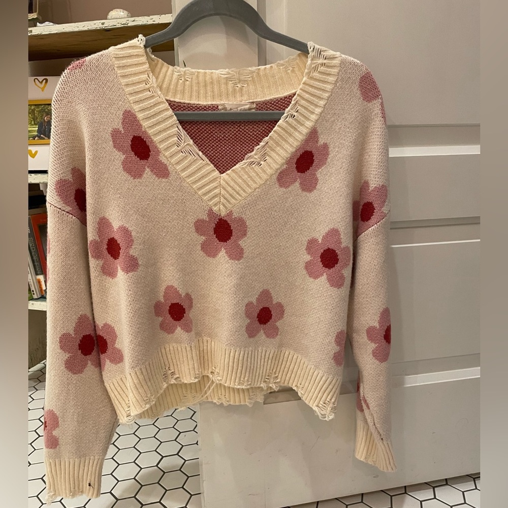 Altar'd State Cream and Pink Floral Sweater